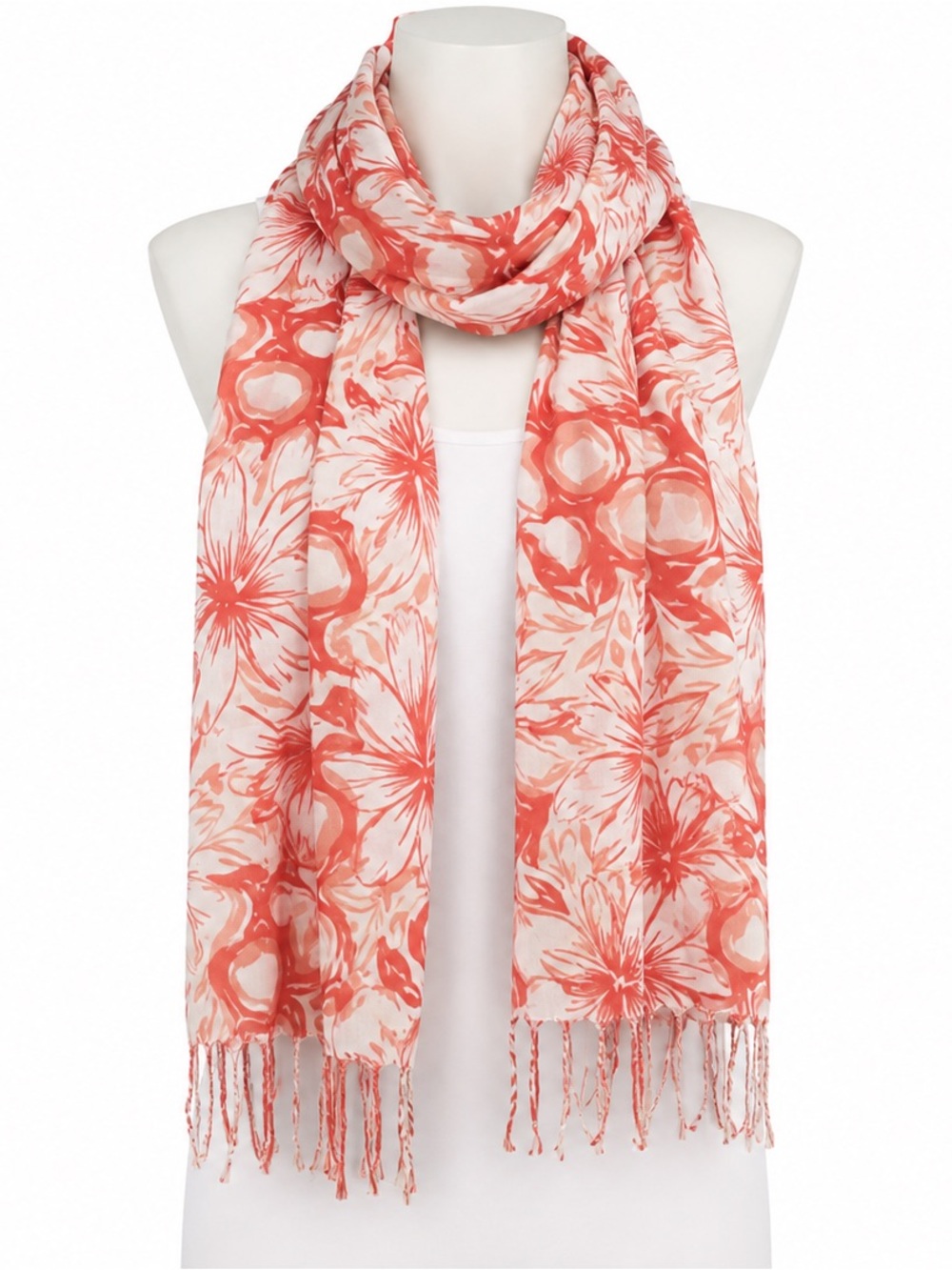 SCARF/ SHAWL/ WRAP Shades of orange on white, fringed